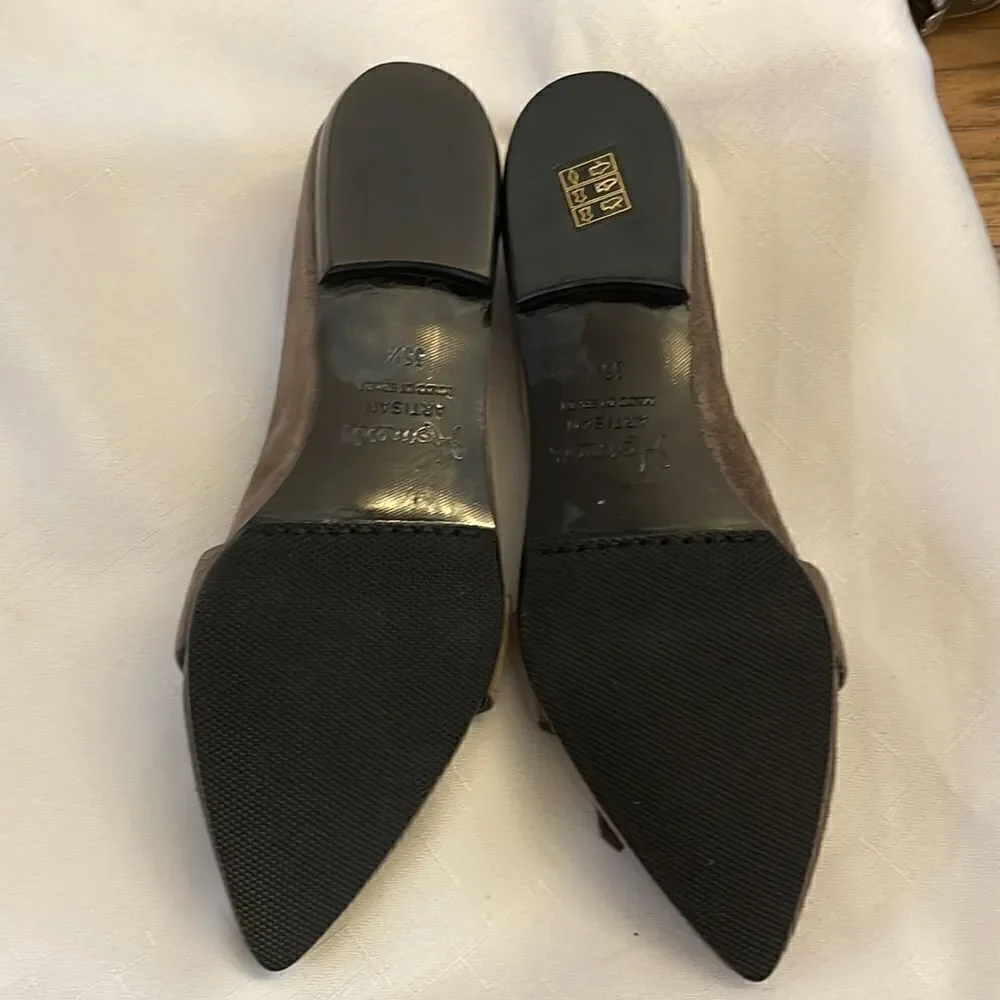HOMERS TAUPE SUEDE KILTY AND STUD DETAIL FLATS.  NEW.